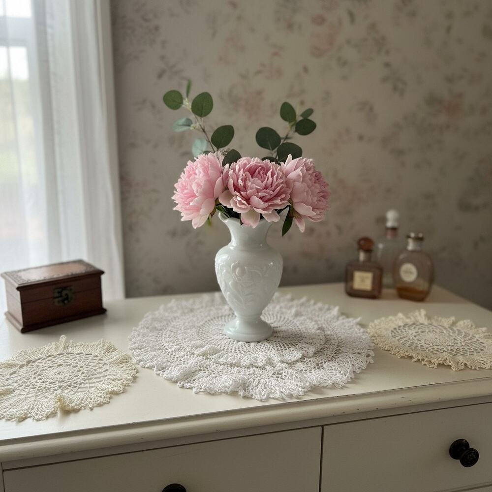 Vintage Handmade Crochet Doily Set 3-White Lace-Centerpiece-Cottagecore-Farm